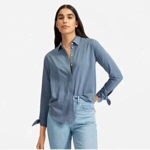 Everlane Washable Silk Tie Sleeve Button Down Shirt in French Blue